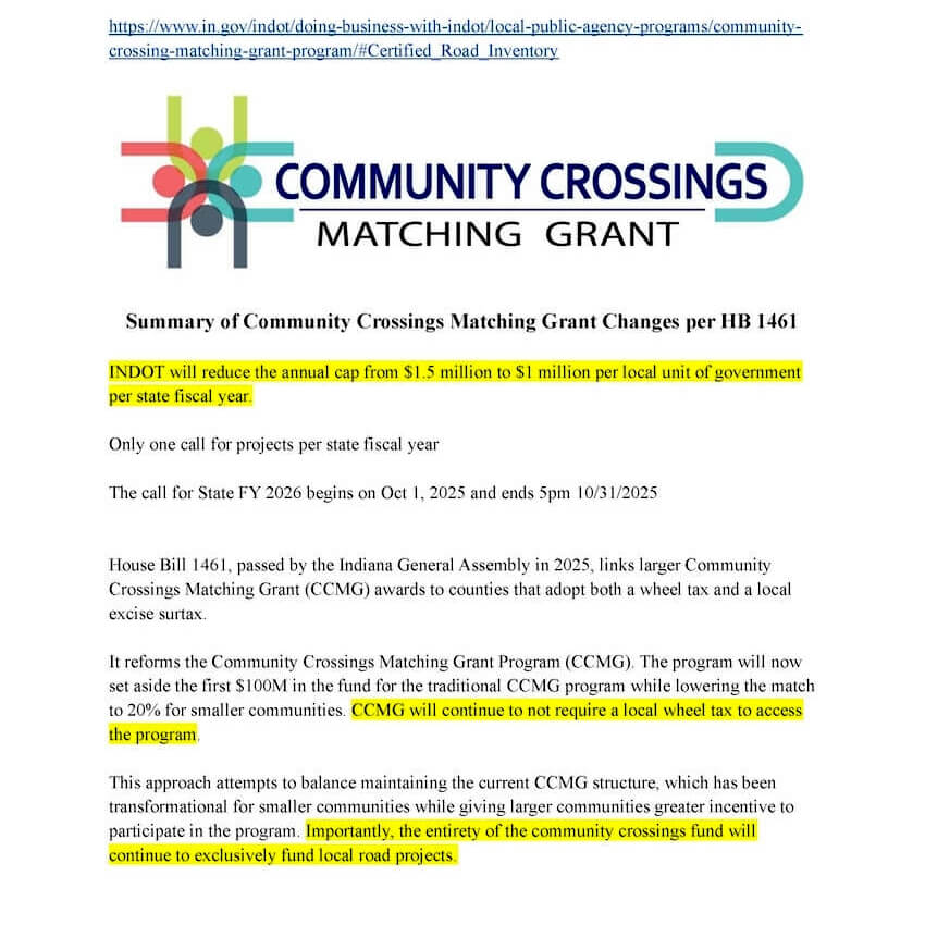 INDOT Community Crossings Matching Grant Summary