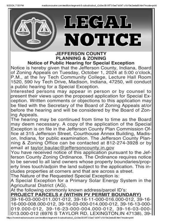 Orion BZA Hearing Notice Madison Courier 9/20/2024