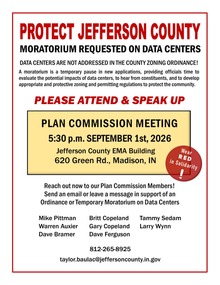 Plan Commission Meeting Flyer Requesting Moratorium on Data Centers